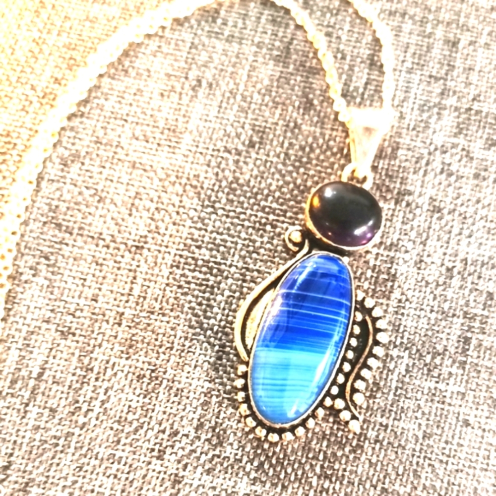 Striped agate & amethyst pendant & sterling chain